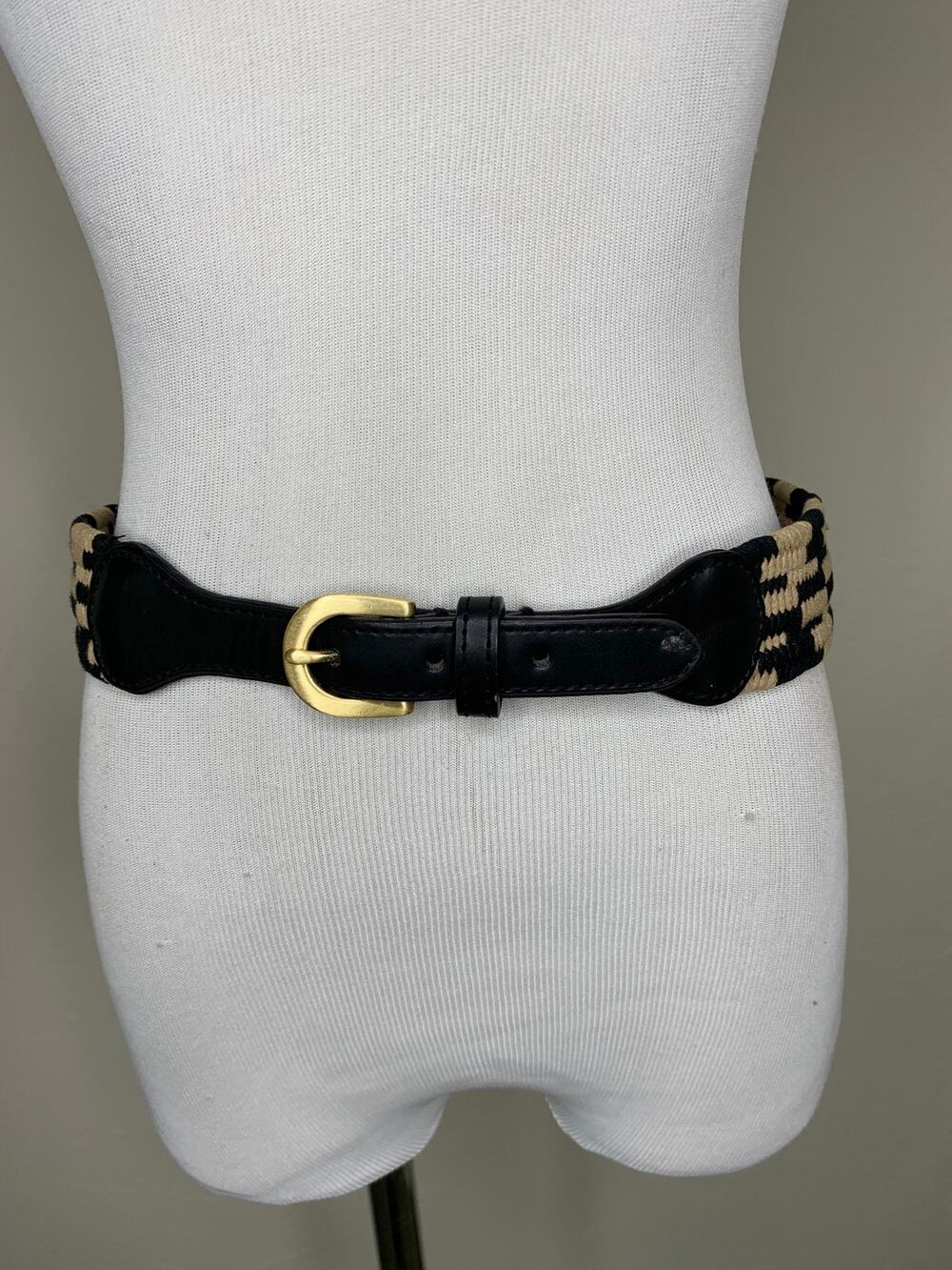 Braided Cotton Black Tan Belt Black Faux leather Gold Buckle Small? 34" long